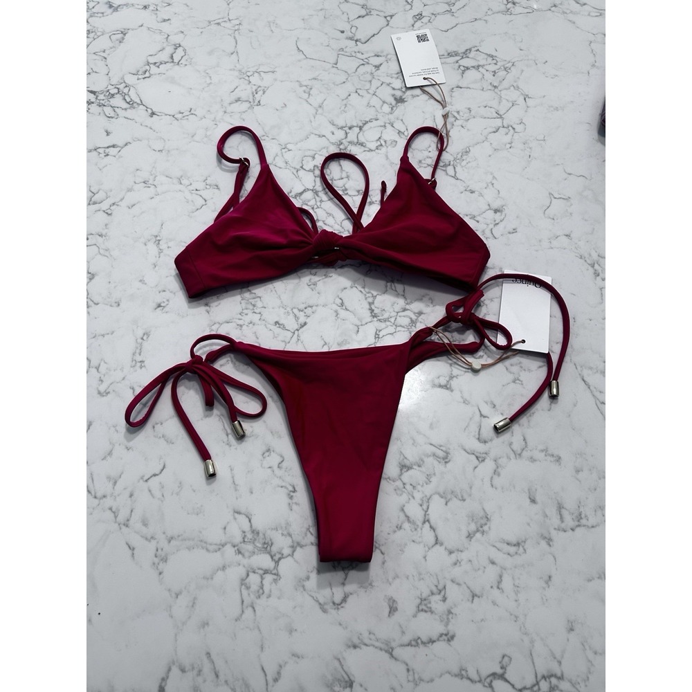 NWT Quince Cherry Red Knot Tie Bikini Top & Adjustable Side Tie Bottom Set Small